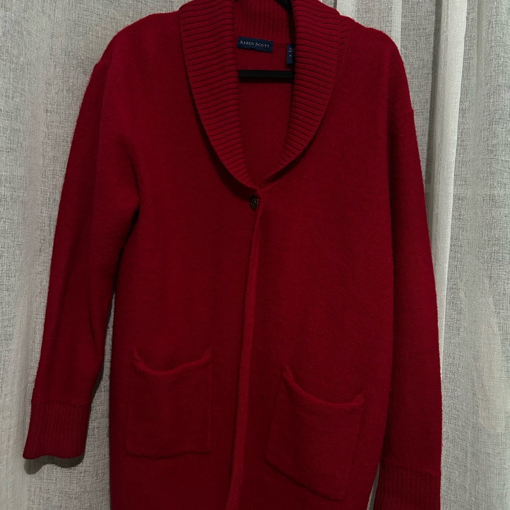 Karen Scott Red Cardigan wool Sweater with Shawl Collar